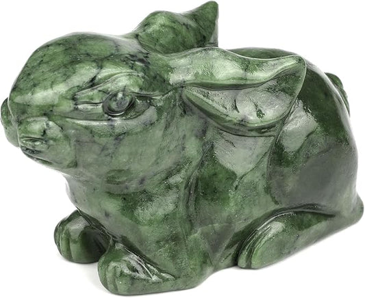 Real Jade Rabbit Statue - Natural 4inch Gemstone Sculpture for Home Decor, Carved Figurine Animal Collection Art Home Deask Outdoor Garden Decorative