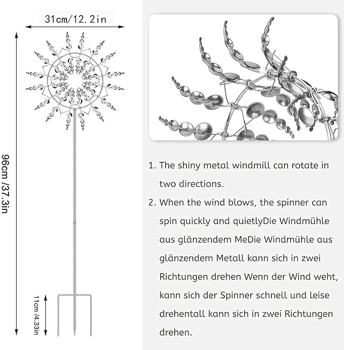 2Pcs Unique Fantasy Metal Windmill, 3D Wind Powered Kinetic Sculpture, Dual-Tiered Opposite-Directional Rotation, Stainless Steel Wind Spinners, Silver