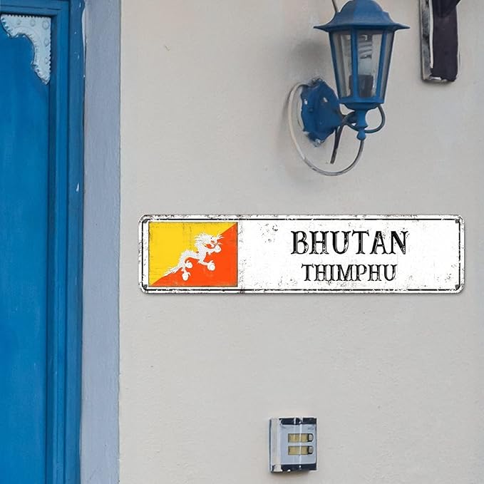 Personalized Bhutan Street Sign Bhutan Flag Signs Capital City of Bhutan Metal Sign Road Rustic Wall Art Country City Indoor & Outdoor Decor for Home Man Cave Door Porch Garden Party 12x3inch