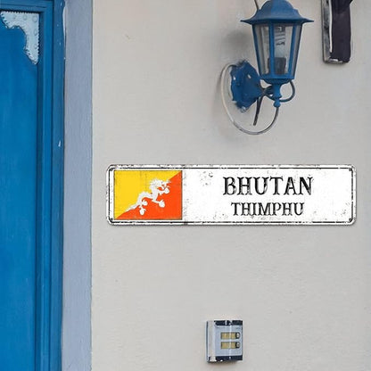 Personalized Bhutan Street Sign Bhutan Flag Signs Capital City of Bhutan Metal Sign Road Rustic Wall Art Country City Indoor & Outdoor Decor for Home Man Cave Door Porch Garden Party 12x3inch