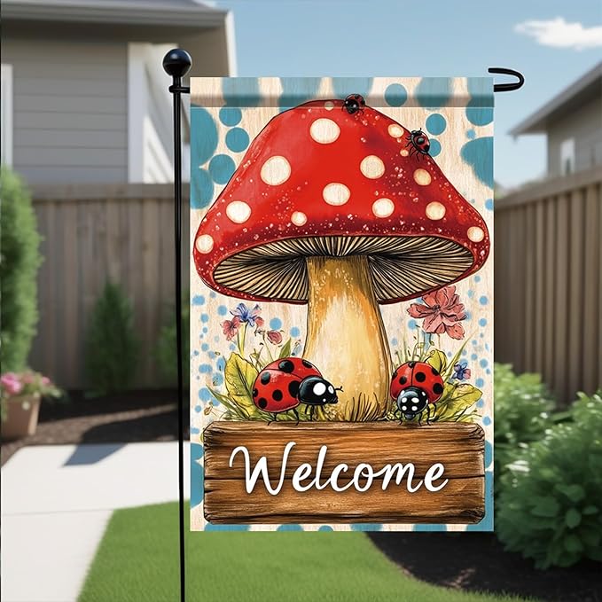Spring Summer Garden Flag 12x18 Inch Mushroom Ladybug Welcome Woodland Floral Design Outdoor Yard Porch Lawn Garden for Seasonal Farmhouse Cottage Home Decor