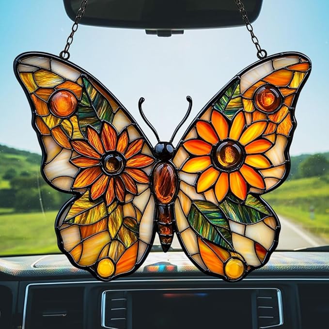 Sunflower of Hope Monarch Acrylic Suncatcher Stained Glass Effect Window Car Hanging Christmas Ornament Indoor Outdoor Decor Garden Sun Catcher Panel for Butterfly Lover for Women Mom Grandma