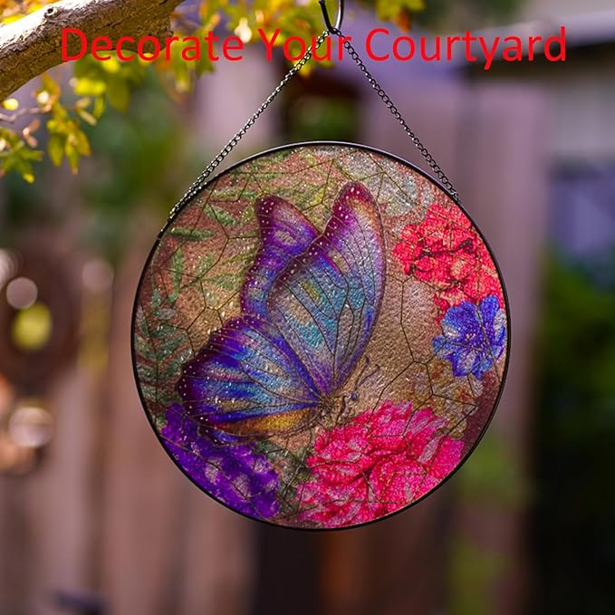 Butterfly Stained Glass Window Hanging,20cm/7.87inch Hand-Painted Sun Catcher Garden Hangings for Doors Home Christmas Mother's Day, Valentine's Day Ornaments Festival Gift (B Style)