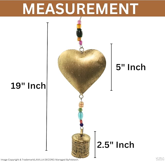 Brass Heart-Shaped with Colorful Beads and Hanging Bell – Handmade Vintage Bell Ornament for Garden, Patio, Porch, and Indoor/Outdoor Wall Decor, Beaded Heart Charm for Home or Yard