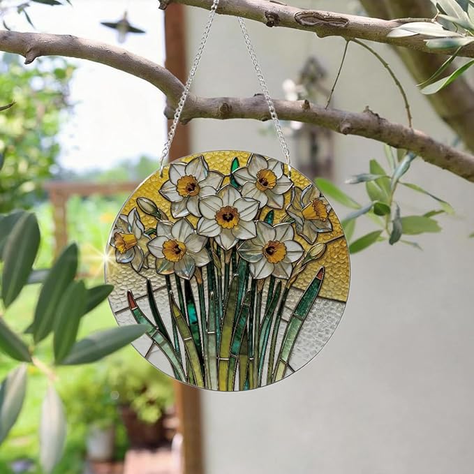 Acrylic Window Hanging, Yellow and White Daffodils Sun Catcher for Door Home Decor, Floral Window Wall Art, Housewarming Decor, Christmas Mother's Day Birthday Gifts for Her