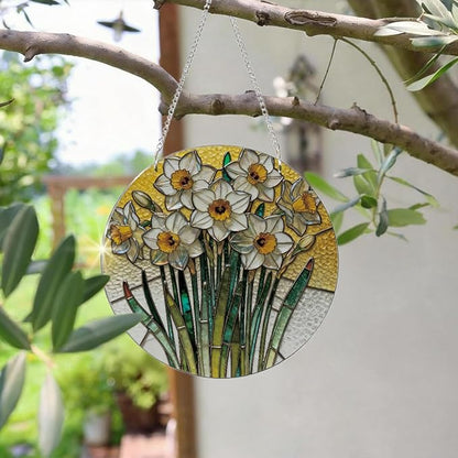 Acrylic Window Hanging, Yellow and White Daffodils Sun Catcher for Door Home Decor, Floral Window Wall Art, Housewarming Decor, Christmas Mother's Day Birthday Gifts for Her