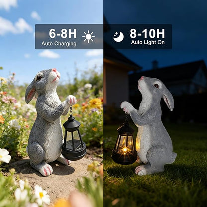 Solar Rabbit Garden Statue with Glowing Lantern - Weatherproof Resin Outdoor Decor for Yard, Patio, Lawn & Balcony, Unique Housewarming, Easter & Birthday Gift for Women, Mom, Grandma