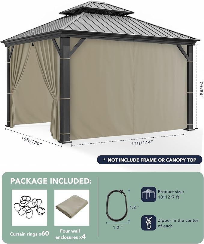 Patio Curtains Outdoor Waterproof - 10'Wx12'Lx7'H Weatherproof Pergola Outside Curtains, Gazebo Universal Replacement Privacy Curtains, 4 Panels Sidewall Drapes with Zipper, Taupe