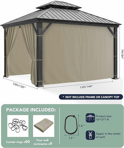 Patio Curtains Outdoor Waterproof - 10'Wx12'Lx7'H Weatherproof Pergola Outside Curtains, Gazebo Universal Replacement Privacy Curtains, 4 Panels Sidewall Drapes with Zipper, Taupe