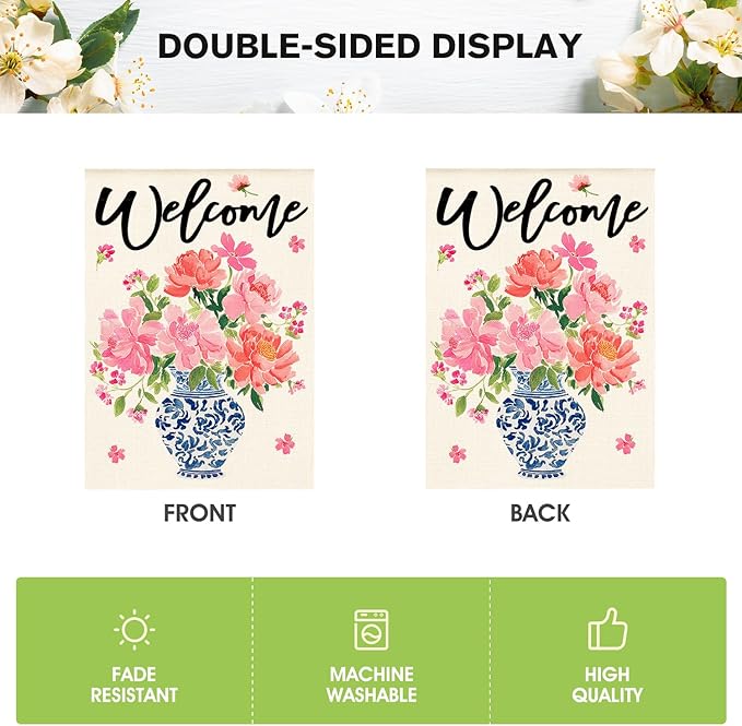 AVOIN colorlife Pink Peony Spring Floral House Flag 28x40 Inch Double Sided Outside, Blue and White Chinoiserie Seasonal Welcome Yard Outdoor Flag