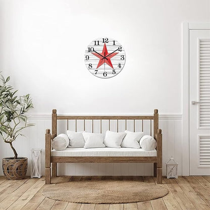 10 Inch Decorative Wall Clock Western Texas Star Retro Farmhouse Wood Clock Silent Non-Ticking Battery Operated Rustic Wooden Time Clock for Bathroom Farmhouse Living Room Decoration Home Accent