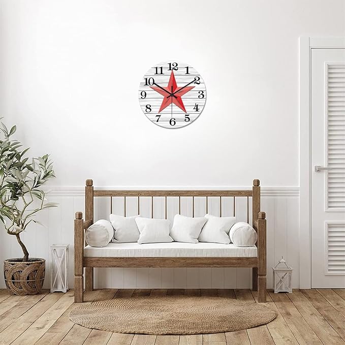 Rustic Wall Clock Western Texas Star Retro Wood Clock Non-Ticking Silent Battery Operated Easy to Read Modern Desk Clock for Kitchen Farmhouse Living Room Decor 12 Inch
