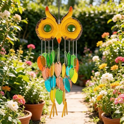 HOTIYOK Stained Glass Owl Wind Chime Suncatchers, Handcrafted Metal & Glass Wind Chimes for Outside, Unique Hanging Garden Decor for Patio Porch Yard Outdoor, Mother’s Day Birthday Gift for Women Mom
