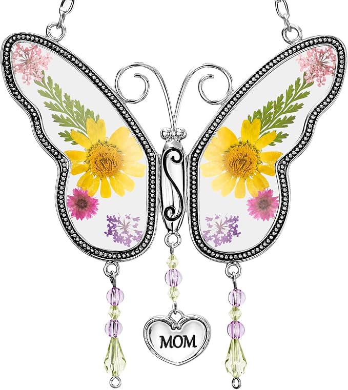 Butterfly Suncatcher Wind Chime with Embossed Colorful Flower Wings, for Mom Butterfly Glass Wind Chime with Hook and Metal Heart Hang Tag, Birthday Gift for Mom's Grandmother (Yellow Mom)