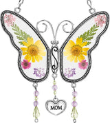 Butterfly Suncatcher Wind Chime with Embossed Colorful Flower Wings, for Mom Butterfly Glass Wind Chime with Hook and Metal Heart Hang Tag, Birthday Gift for Mom's Grandmother (Yellow Mom)