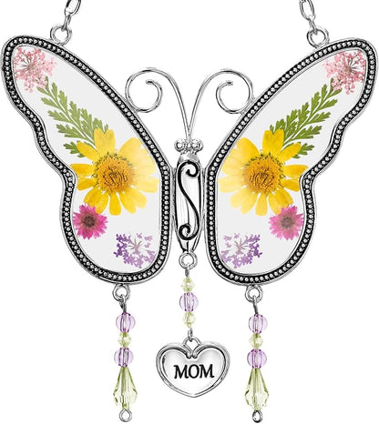Butterfly Suncatcher Wind Chime with Embossed Colorful Flower Wings, for Mom Butterfly Glass Wind Chime with Hook and Metal Heart Hang Tag, Birthday Gift for Mom's Grandmother (Yellow Mom)