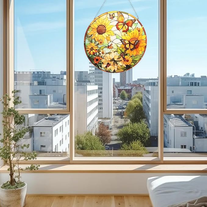 Sunflower Stained Window Hanging Suncatcher 7.9" Hand-Painted Sun Catcher Ornament for Home Garden Christmas Mother’s Day & Valentine’s Day Gift