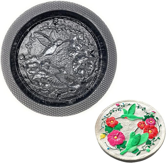 MADE IN USA Hummingbird and Flowers Round Stepping Stone Mold, Concrete Cement Mold, Stepping Stones for Garden Walkway, DIY walkway stepping stones, Round Statue for Garden, Round Garden Decor Mold