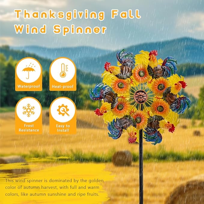 DREAMYSOUL Metal Sunflower and Rooster Fall Wind Spinners, Fall Decorations Outdoor, Kinetic Wind Spinners for Farmhouse Garden Lawn Yard Decor, Harvest Thanksgiving Gifts
