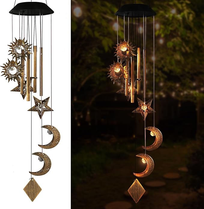 Solar Wind Chimes for Outside,Sun and Moon Wind Chime for Outside,Waterproof LED Wind Chimes,Solar Lantern Wind Chime Outdoor, for Wife/Mother/Grandma/Neighbors ect