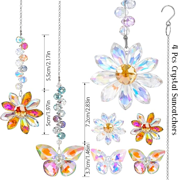 4 PCS Crystal Suncatchers 2PCS Butterfly 2PCS Flower Window Hanging Ornaments Rainbow Maker for Indoor Outdoor Garden Wedding Decor Gifts