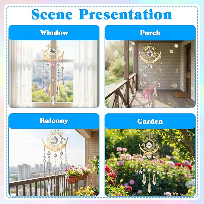 Crystal Prism Sun Catchers Rainbow Maker, Window Prism Rainbow Maker, Sun and Moon Catchers for Indoor Window Hanging, Outdoor Home Garden, Room Decor, Gift for Women