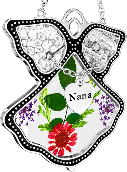 KY&BOSAM Angel Suncatcher Nana Stained Glass for Windows Hangings Wind Chime Home Decor with Pressed Drived Flower in Glass and Metal Charm Birthdays Gifts for Nana Mothers Day Valentines Christmas