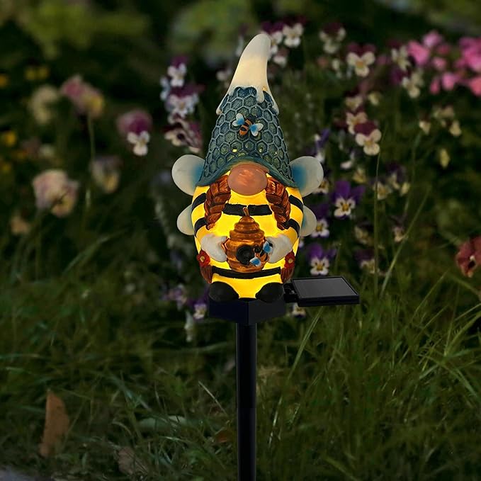 Solar Gnome Garden Lights, Outdoor Gnome Statue with Bees & Honey Jars, Solar Powered Fairy Garden Lights Gnome Decorations for Home Outside Yard Lawn Patio Gnomes Gifts (Bee)
