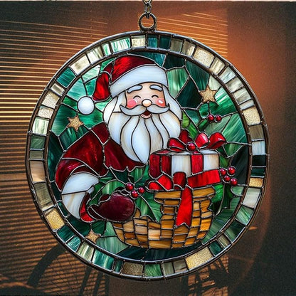 Santa Claus and Presents Acrylic Suncatcher Stained Glass Effect Window Car Hanging Christmas Ornament Indoor Outdoor Decor Garden Sun Catcher Panel for Christmas Lover for Women Mom Grandma