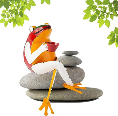 Metal Coffee Frog Sculpture Yard and Garden Art, Drinking Frog Garden Art Sculpture with A Cute Frog Iron Statuary Design for Indoor Outdoor Flower Pot Landscape Terrarium