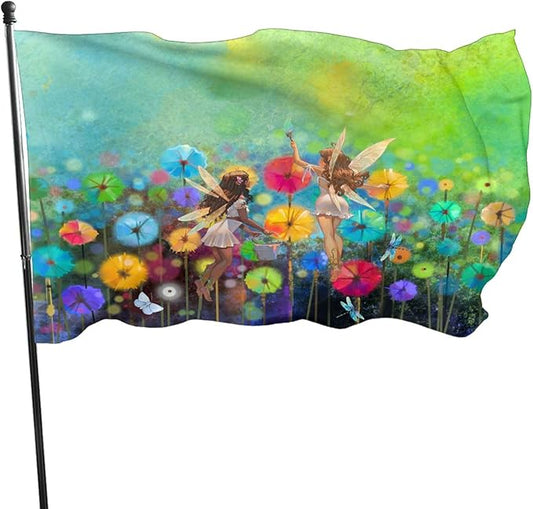 Spring Summer Seasonal Green Floral Flowers Art Flag 3x5 Ft Outdoor Indoor With Grommet Fairy Dragonfly Garden Yard Home Room Banner Decorative Sign