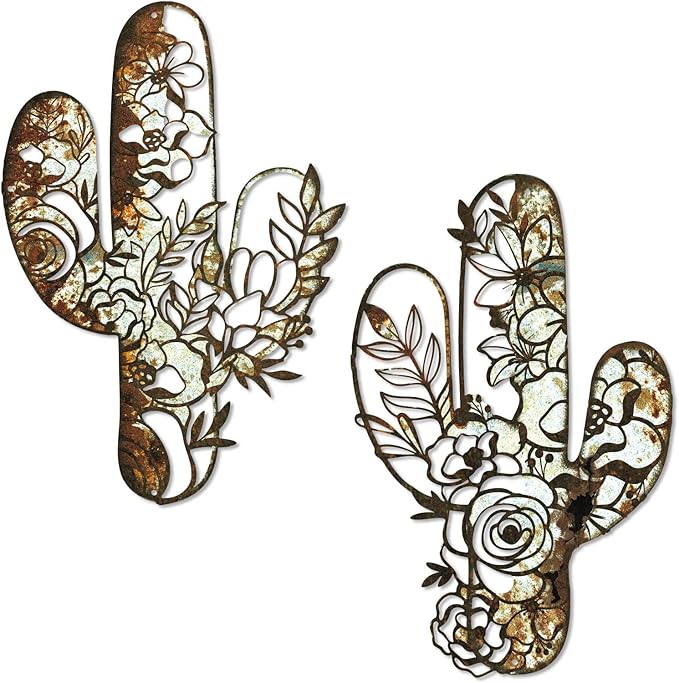 Putuo Decor Cactus Wall Art Set of 2, Rustic Flower Cactus Wall Decor, Floral Nature-Inspired Metal Wall Art for Living Room, Bedroom, Bathroom, Boho Style, 12.2 x 4.6 inches