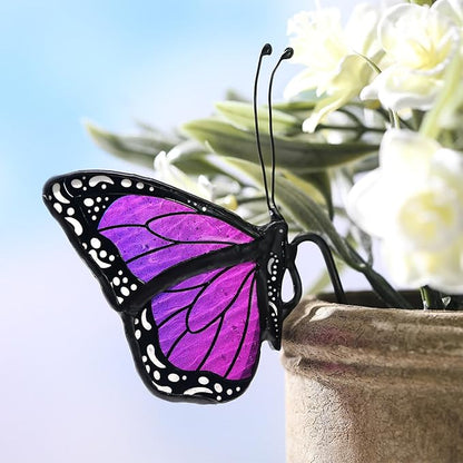 Geelin 1 Pc Stained Glass Butterfly Suncatcher Flower Pot Decoration Metal Plant Pot Hangers Colorful Garden Yard Suncatcher Decor for Spring Home Indoor Outdoor Decor(Purple)