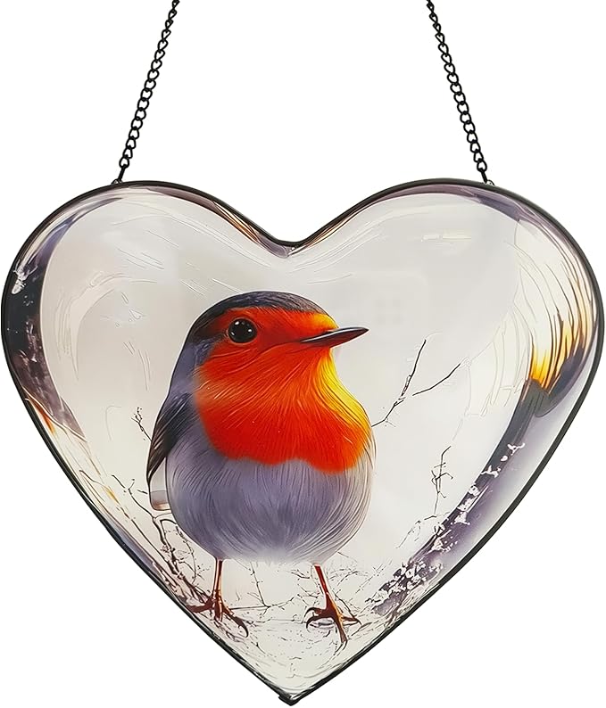 Heart Shaped Robin Bird Stained Glass Window Hanging, 9.8'' Sun Catcher Decor with Chain, Suncatchers Indoor Window Glass Gifts for Mom Wife Birds Lovers (Bird)