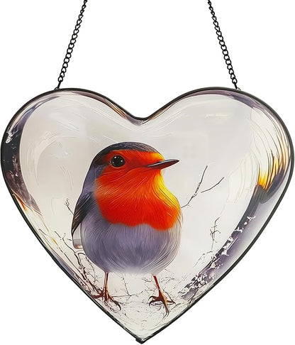 Heart Shaped Robin Bird Stained Glass Window Hanging, 9.8'' Sun Catcher Decor with Chain, Suncatchers Indoor Window Glass Gifts for Mom Wife Birds Lovers (Bird)