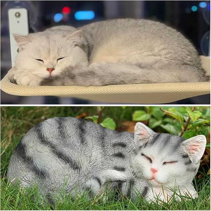 Cat Figurines - Outdoor Statue Garden Decor, Grey Sleeping Cat Statue, 11.5" Larger, Perfect for Patio, Lawn or Indoor Use, Great Gift for Mom