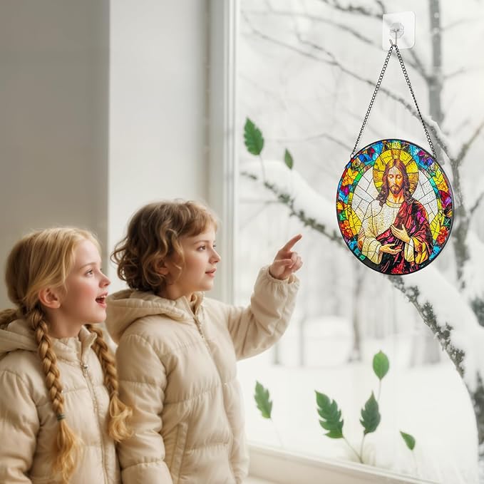 Suncatcher Stained Glass Window Hanging - Jesus Christ Glass Panel with Metal Chain and Hooks Handmade Sun Catcher Decoration for Window Garden Home Christmas & Birthday Gifts (6.3 Inch)