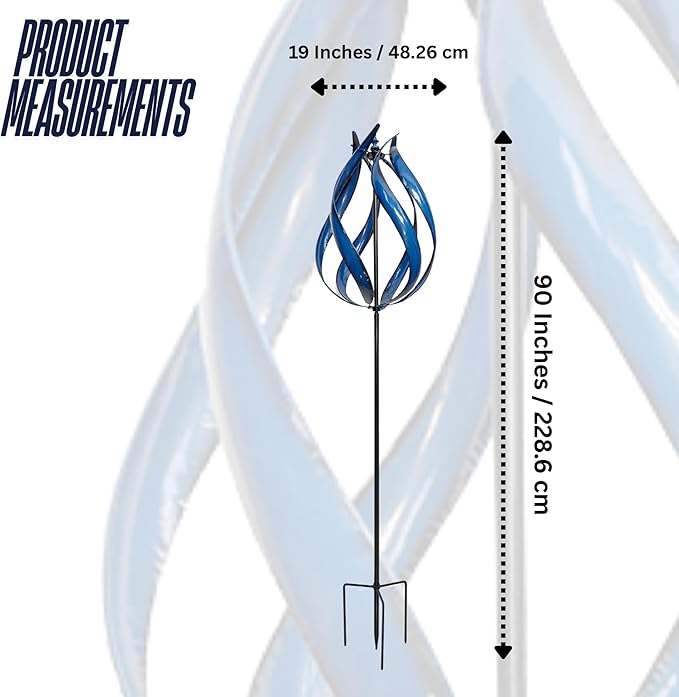 Large 3D Ice Blue Fire Flame Wind Spinner – Metal Kinetic Sculpture for Outdoor Garden, Yard & Patio – Decorative Spinning Art, Wind Catcher Chaser Spinner, Lawn Ornament, Motion Decor – 19" W X 90" H