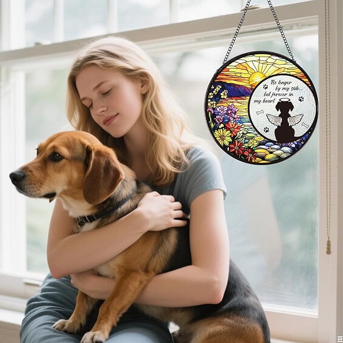 Dog Stained Glass Window Hanging, Animal Catchers Indoor Window Gifts for Loss of Dog Sympathy Remembrance, Angel Wings Pet Loss Bereavement Gift for Home Garden Doors Christmas