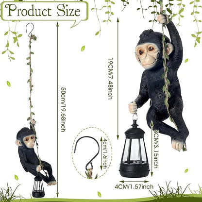 Rossesay Solar Light Outdoor Monkey Statues Black 13.78 Inch Resin Chimpanzee Baby Monkey Climbing on Vine with LED Lantern Waterproof Hanging Figurine with Hook for Yard Garden Wall