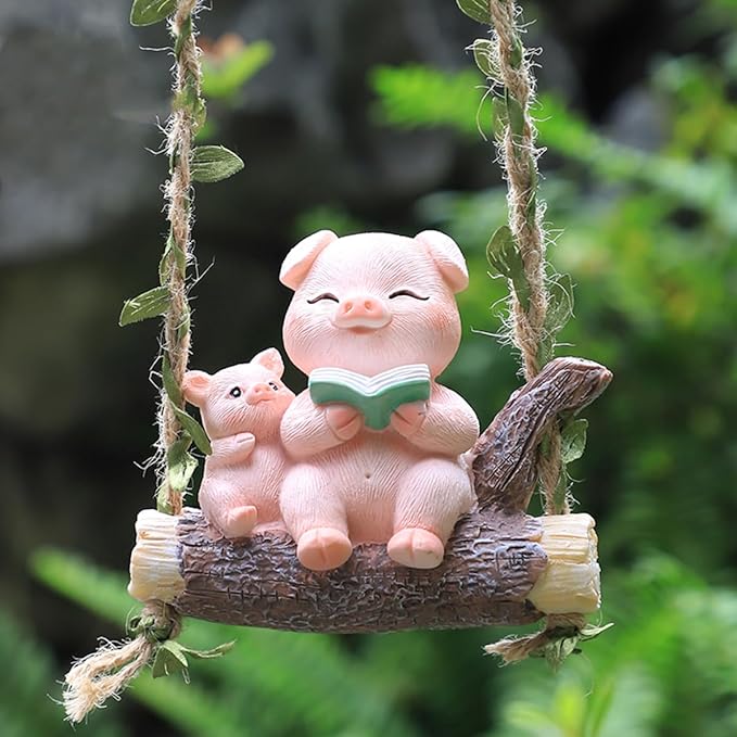Swing Animals Garden Statue Outdoor Decor, Resin Hanging Animals Figurine Tree Ornaments Yard Art Sculpture for Stump Branch Patio Lawn Decorations (Mom & Baby Pig)