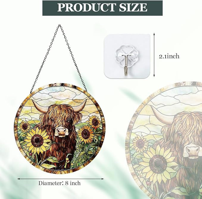 Highland Cow Stained Glass Window Hanging Sunflower Cow Western Style Suncatcher Rustic Farmhouse Window Hanging Decor for Home Garden Gift