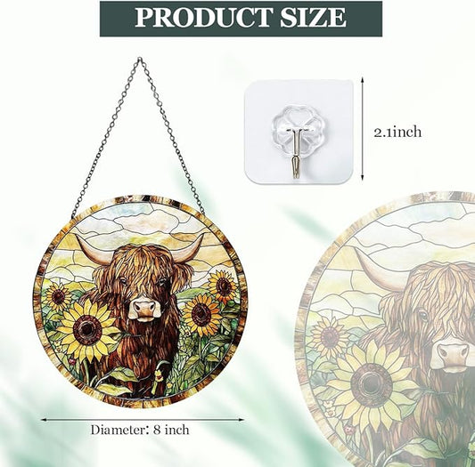 Highland Cow Stained Glass Window Hanging Sunflower Cow Western Style Suncatcher Rustic Farmhouse Window Hanging Decor for Home Garden Gift