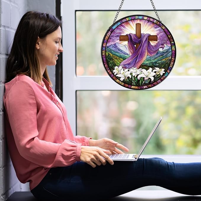 Rngmsi Cross Stained Glass Window Hanging Gift for Women, Purple Cross Wildflowers Sun Catchers Indoor Window Gifts for Men Grandma, Christmas Stained Glass Ornament Decor for Garden (7.87*7.87inches)