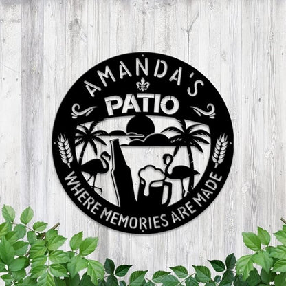 MeMate Patio Sign Outdoor Decor, Personalized Metal Sign for Backyard, Patio, Custom Name Signs for Garden Porch, Deck, Flamingo Beer Large Metal Sign for Outside, Housewarming Gifts