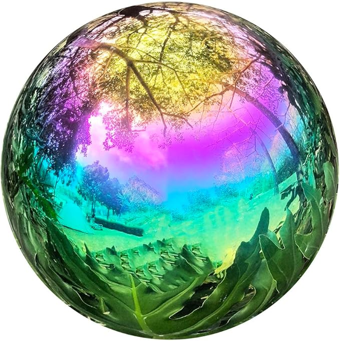 Gazing Ball for Garden Decor - 8-Inch Hollow Metal Sphere for Outdoor & Indoor Use, Patio, Yard, Flower Bed Accent Piece (Rainbow)