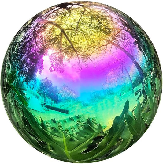 Gazing Ball for Garden Decor - 8-Inch Hollow Metal Sphere for Outdoor & Indoor Use, Patio, Yard, Flower Bed Accent Piece (Rainbow)