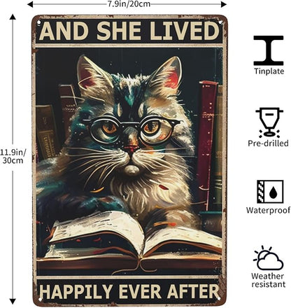 Vintage Metal & Tin Signs for Retro Boho, Hippie & Library Decor with Cat, Glasses & Garden Plaques - Perfect Wall Art for Home Office, Bathroom or Yard - 12x8 Chalkboard Style Prints