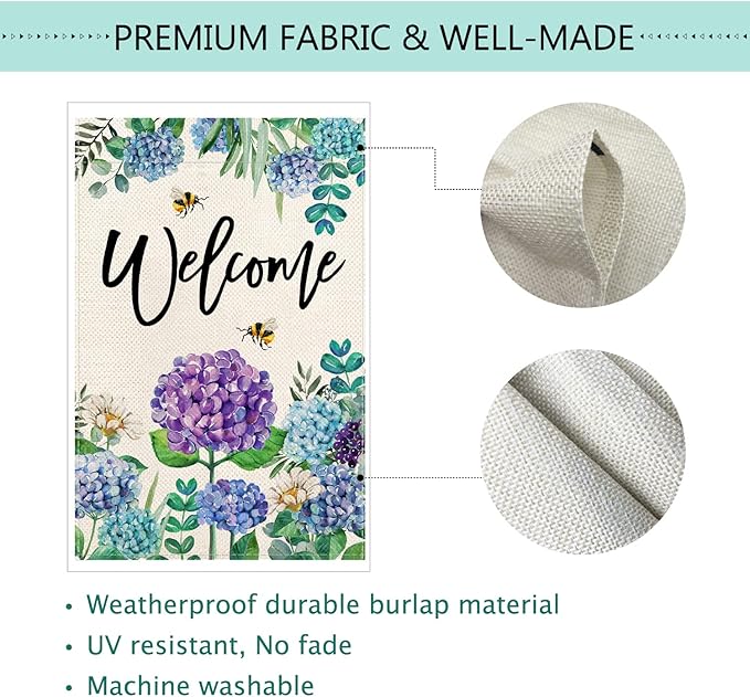 Baccessor Spring Hydrangea House Flag Double Sided 28x40 Inch, Purple Blue Flower Floral Welcome Garden Flag Burlap Vertical Seasonal Farmhouse Yard Outdoor Decoration (Large)
