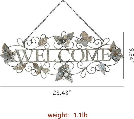 Queltharion Metal Welcome Wall Decor Rustic Farmhouse Distressed Flower and Butterfly Welcome Sign Hanging Decorative for Garden Porch Patio Yard Outdoor 23.5" L Blue